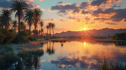 Majestic Sunset Over Tranquil Lake Surrounded by Lush Palm Trees and Mountains in a Scenic Tropical Landscape