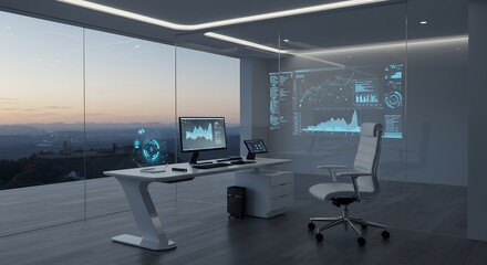 Futuristic office interior with data visualization and city view at dusk