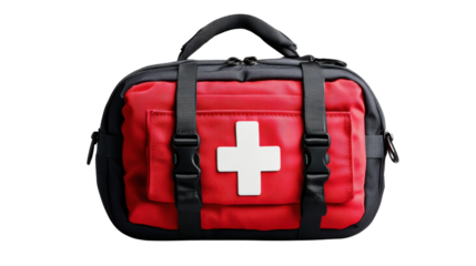 Red and black bag with white cross design on a plain background for fashion and accessories use isolated on transparent background..