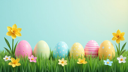 Fototapeta premium neural network generates colorful artificial easter eggs green grass alongside fake narcissus flowers realistic ai