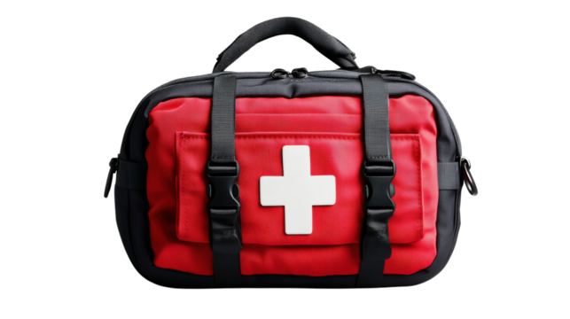 Red and black bag with white cross design on a plain background for fashion and accessories use isolated on transparent background..
