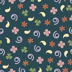 Scandi flowers and clover leaves floral seamless pattern. Flowery surface pattern design