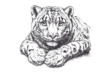 Vintage art, trendy hand-drawn snow leopard, wildlife illustration, animal art, black sketch effect, white background, wall decor, unique home decor, nature artwork.