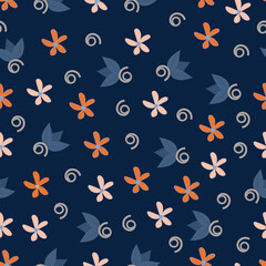 Scandi floral seamless pattern. Flowery surface pattern design of Scandinavian flowers, leaves and spirals
