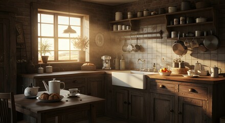 Cozy rustic kitchen interior with sunlight and vintage country style decor