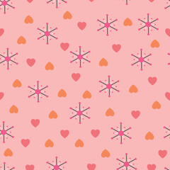 Valentine day seamless pattern. Romantic surface pattern design of heart shapes and starbursts