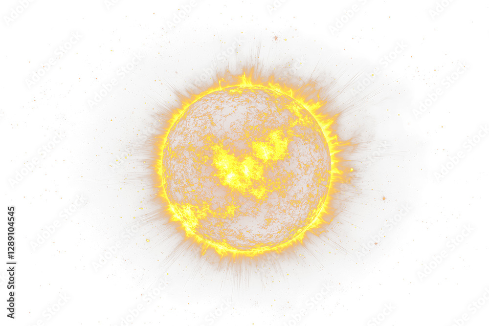 Poster fiery sun in space with glowing particles.