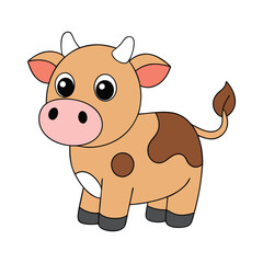 Cute cow cartoon coloring page featuring a happy cow with big eyes, a round body, and playful spots. Perfect for kids to color and enjoy farm animal fun!