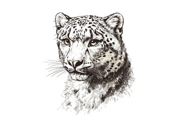 Hand-drawn snow leopard, animal art, vintage style wildlife illustration, black sketch effect, trendy wall decor, white background, home decor, nature-inspired artwork.