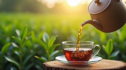 black tea is poured from a teapot into a cup against the background of a tea plantation 