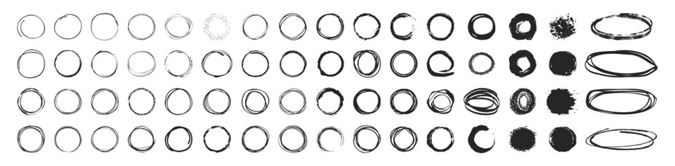 Hand drawn ovals and circles set. Round freehand shapes and highlights isolated on transparent. Vector circular scribble doodle round circles for message note mark design element