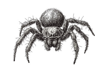 Antique style hand-drawn spider illustration, vintage wildlife art, rodent vector, aquatic animal, black sketch effect, print design, trendy engraving, white background, vector art, aquatic design.