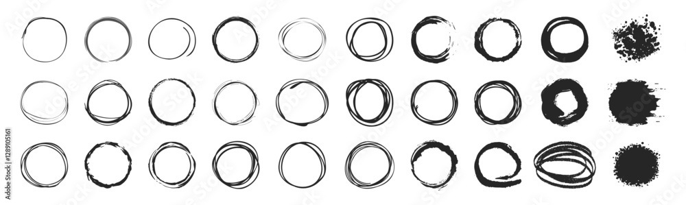 Poster circle line sketch icon set in hand drawn style isolated on transparent. ink hand drawn paint brush 