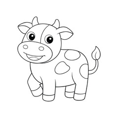 Cute cow cartoon coloring page featuring a happy cow with big eyes, a round body, and playful spots. Perfect for kids to color and enjoy farm animal fun!