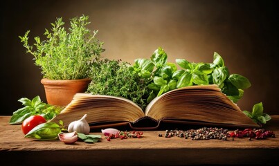 Fresh herbs and spices on open cookbook, rustic kitchen table