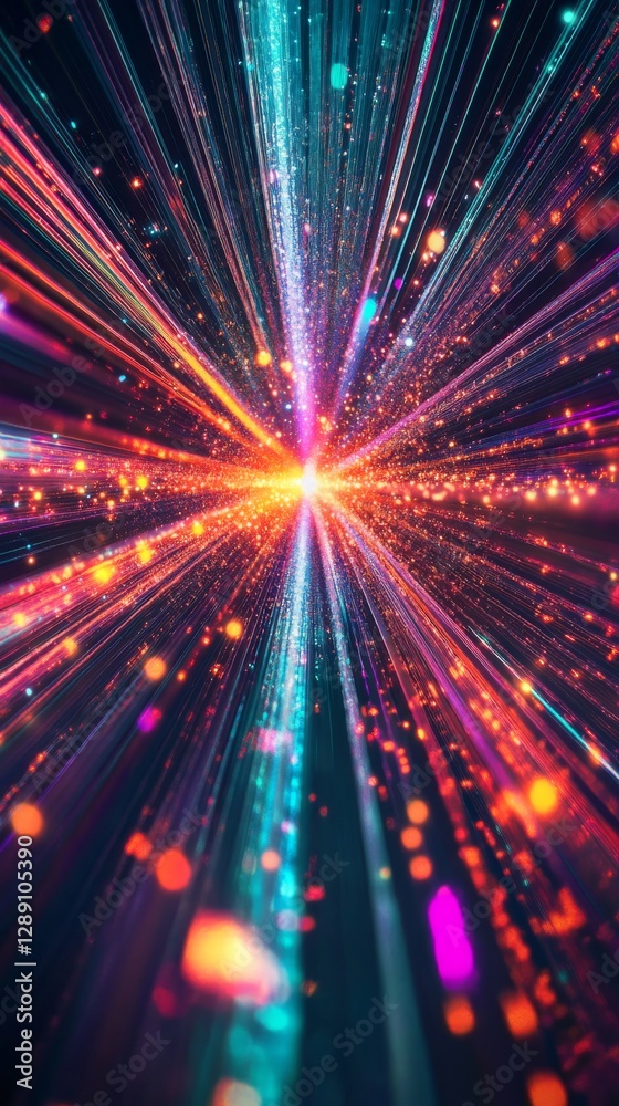 Poster Colorful light burst with streaks and particles on dark background. Digital data and technology concept