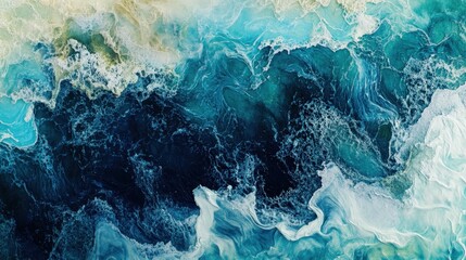 Aerial view of swirling ocean waves in vibrant shades of blue and turquoise.