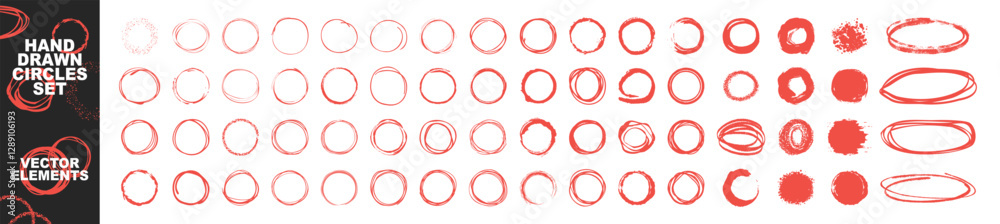 Poster circle line sketch icon set in hand drawn style isolated on transparent. ink hand drawn paint brush 