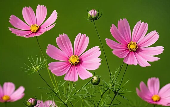A close-up of a pink cosmos flower in a garden