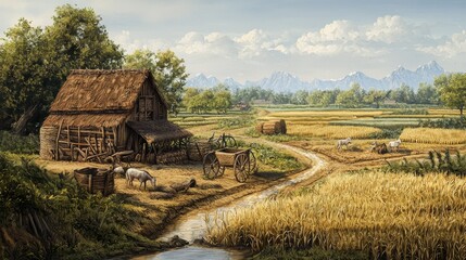 Serene Countryside Scene with Rustic Barn, Rolling Fields, Livestock, and Majestic Mountains Under Bright Blue Sky