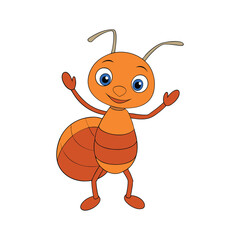 A cute cartoon ant with big, cheerful eyes and a happy smile waves joyfully. Its tiny antennae curl slightly, and its round body and playful pose make it extra adorable!