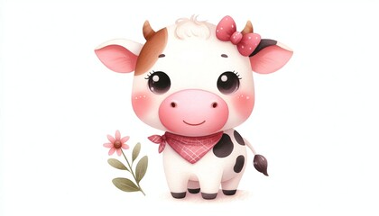 Fototapeta premium Minimalist watercolor illustration of Cute cartoon cow