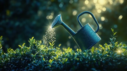 A close-up of a blue watering can pouring droplets over lush green foliage, capturing a serene gardening moment.