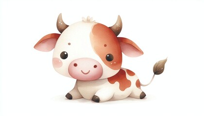 Fototapeta premium Minimalist watercolor illustration of Cute cartoon cow