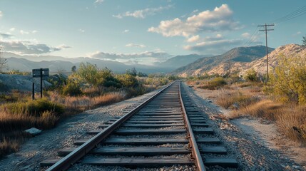 Obraz premium Scenic View of Rail Tracks Stretching into the Distant Mountains with Blue Skies and Lush Greenery Alongside