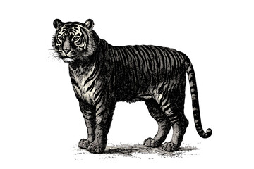 Black sketch effect tiger illustration, fierce predator, antique style, wildlife print design, vintage art, vector drawing, old engraving style, trendy art, wildlife art.