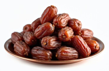 Obraz premium Pile of shiny brown dates lies on a copper plate isolated on white background. Delicious sweet dried fruits snack. Healthy nutrition. Traditional oriental food. Raw vegan diet.