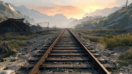 Fototapeta premium Scenic landscape with railway tracks leading to mountains under a vibrant sunset, capturing the essence of adventure and exploration