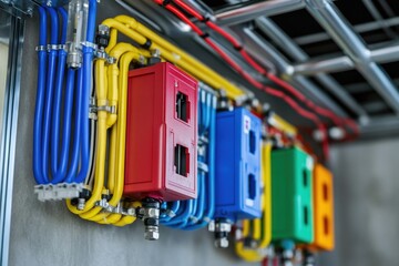 A decorative arrangement of colorful pipes and wires on a wall, suitable for home decor or office inspiration