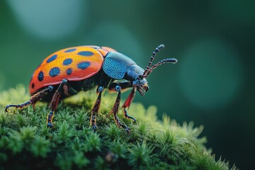 Naklejka premium Vibrant beetle on moss, a stunning close-up showcasing intricate details and rich colors.