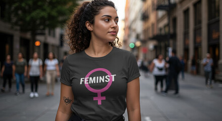 Woman wearing feminist shirt walking in a city street