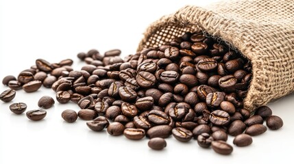 Fototapeta premium A burlap sack spills rich, roasted coffee beans, showcasing their glossy texture and dark hues on a clean, white background.