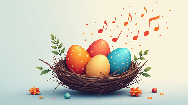 vibrant eggs nest symbolize creativity new beginnings harmonious musical notes artistic display color whimsy