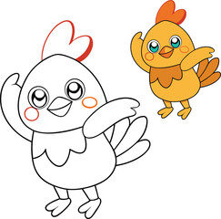 A cool cartoon rooster strikes a dabbing pose, one wing covering its face while the other points outward. With vibrant feathers and a playful attitude, it radiates confidence!