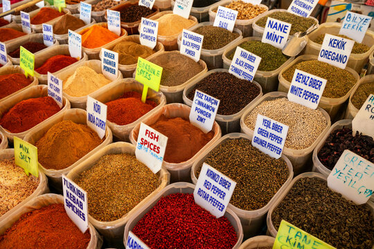 Various spices and herbs displayed at Fethiye, name labels shown in English and Turkish language