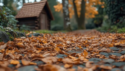 Fototapeta premium Autumn leaves cover a stone path leading to a small wooden cabin in a park. Warm, earthy tones dominate the image, creating a serene atmosphere