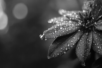 A close-up shot of a flower with water droplets glistening on its petals, captured in black and white