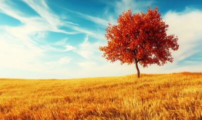 Lone red autumn tree in golden field under blue sky