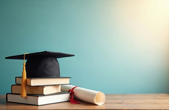 Graduation mortarboard cap on books stack. Diploma scroll tied red ribbon. Education still life, university degree award concept, tuition fees payment, study grant. Academic achievement background.