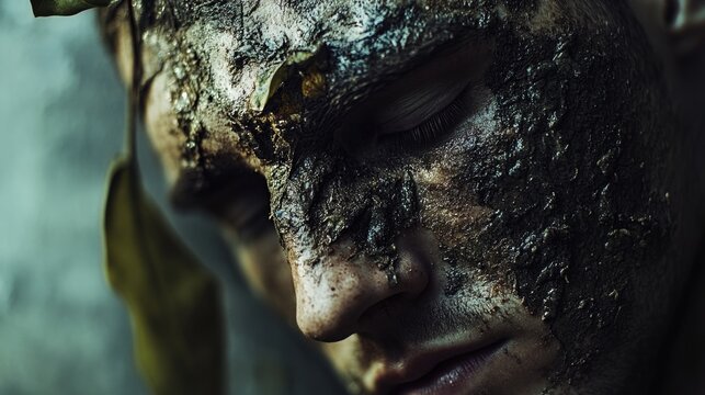 A close-up view of someone's face covered in mud, great for use as a metaphor or illustration