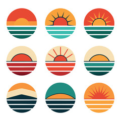 Set of Nine Retro Sunset and Sunrise Over Water Icons