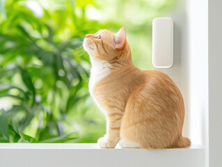 Home Security Window Sensors Concept. ginger cat sits by window with pet friendly sensor, surrounded by greenery