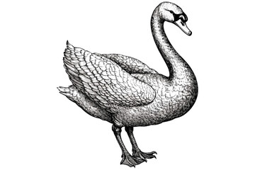 Black sketch effect of a swan, hand-drawn bird art in old engraving style, vintage illustration on white background, trendy wildlife design, animal-inspired decor, classic nature print.