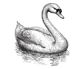 Trendy swan design in black sketch effect, hand-drawn vintage illustration, old engraving style on white background, artistic bird art, wildlife-inspired print, nature artwork.