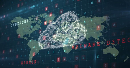 Image of virus warning text, cloud and digital data processing over world map