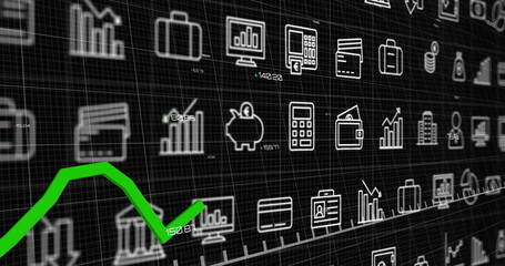 Image of green line, digital data processing over business icons